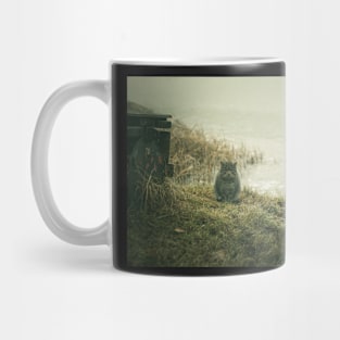 Sat tubby cat sitting on the bank of frozen lake Mug